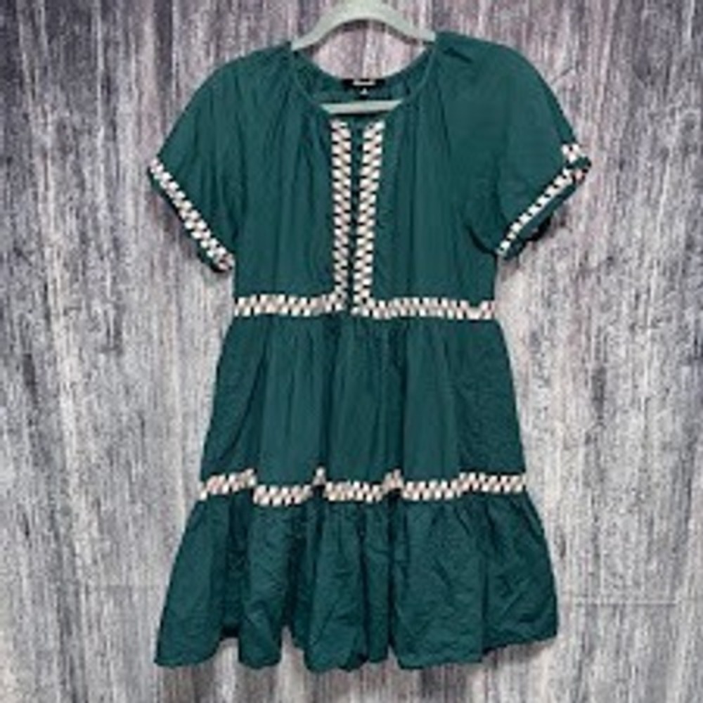 Madewell Dress Green Linen Embroidered Tiered Babydoll Boho Pockets‎ Womens XS